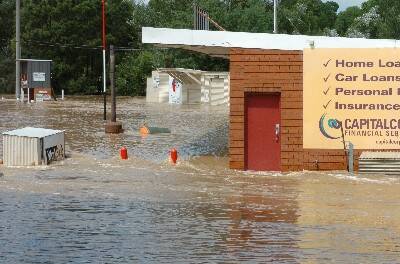 Water surround the clubrooms at Creswick’s football ground in 2011.