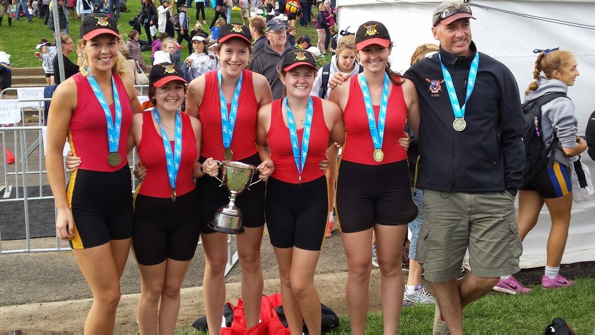 Ballarat Clarendon College open division one crew Hilary Jones, Ellie Dowling, Maddie Ross, Sarah Maher, Marion Peters and coach  Ross Henderson.