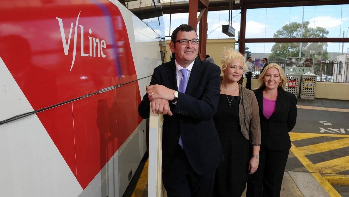 State Labor leader Daniel Andrews with opposition public transport spokesman Jill Hennessy and Ballarat West MP Sharon Knight.