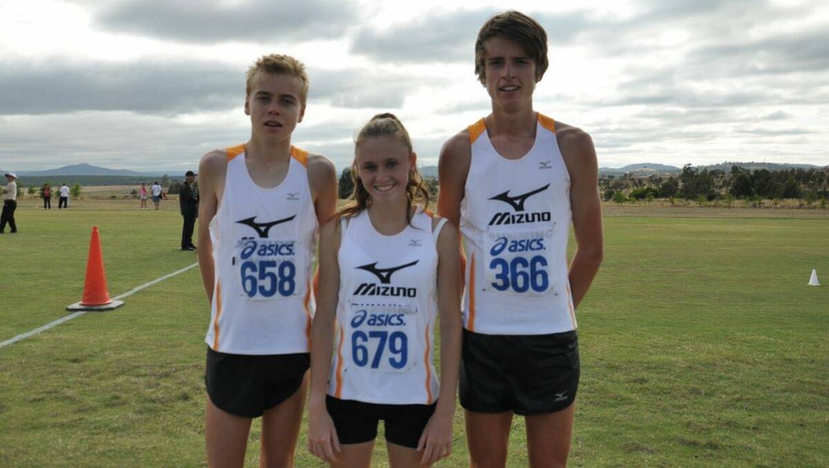 Ballarat’s Stewart McSweyn, Courtney Scott and Jack Davies at the national trials where they won selection for the World Cross Country Championships in Poland.