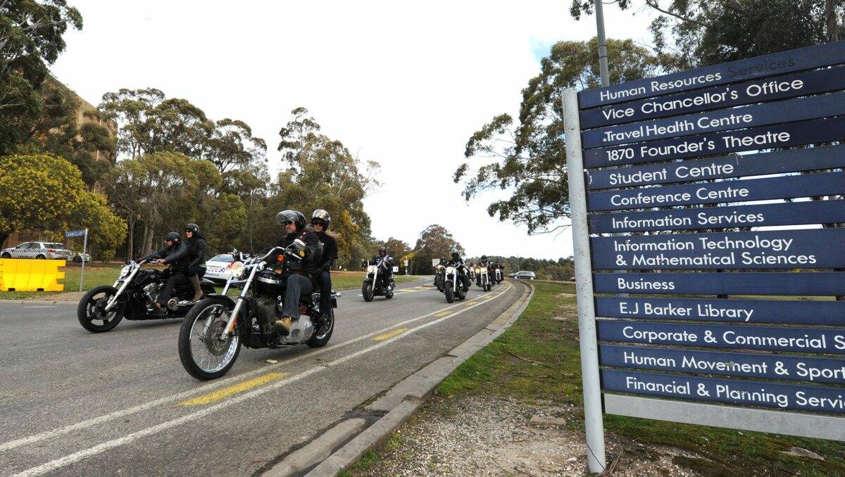 Motorcycle club members arrive at the University of Ballarat’s Mt Helen campus for the protest rally. PICTURE: JEREMY BANNISTER