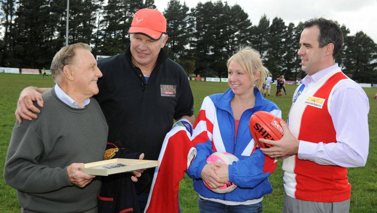  Team of the century wingman Tommy Simpson, left, reminisces about the old days at East Ballarat Football Club with Danny Frawley, netballer Kylea Wilson and 1993 premiership player Peter Jacks.