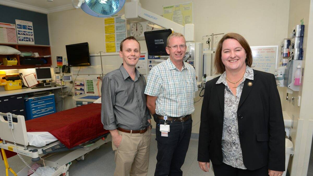 Ballarat Health Services Base Hospital has received a $500,000 government grant. From left BHS Director of Emergency Dr Jaycen Cruickshank, Nurse unit manager emergency, Phil Catterson and Health Minister Mary Wooldridge.  PICTURE: ADAM TRAFFORD