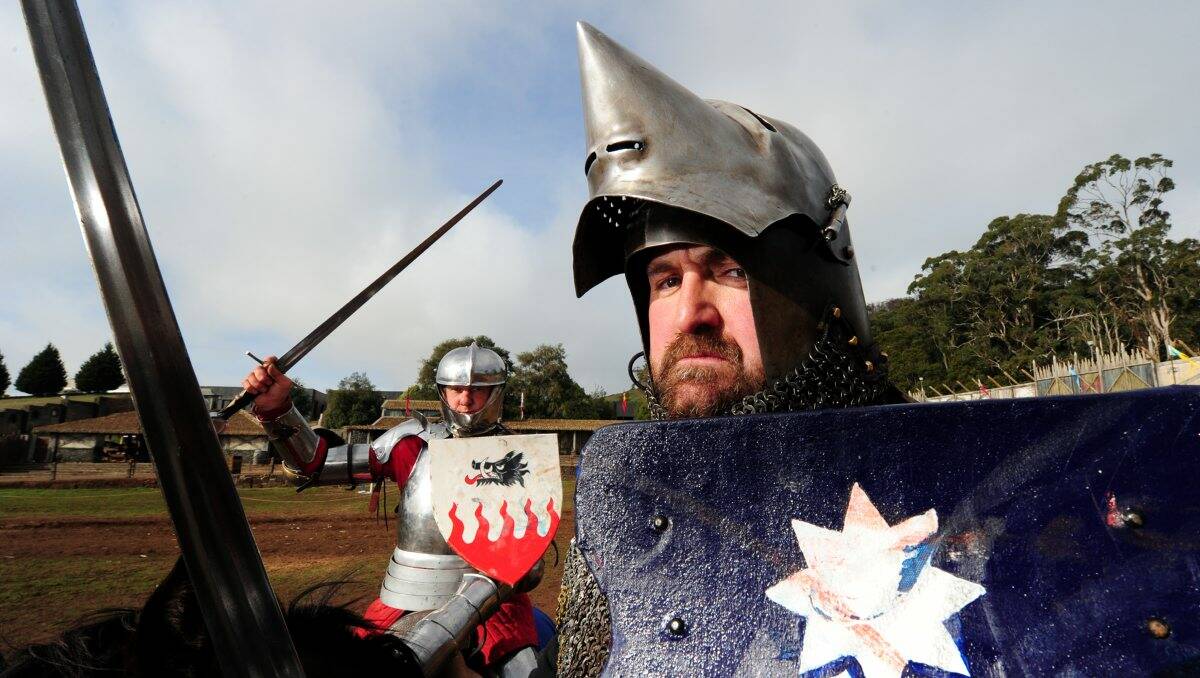 Justin Holland, left, and Wayne Rigg placed highly in the Abbey Medieval Festival jousting tournament in Brisbane last weekend. 