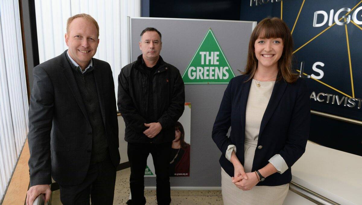 Parliamentary Leader of the Victorian Greens, Colin Long, Greens Upper House candidate for South East Metro Region and Stephanie Hodgins-May, Greens Candidate for Ballarat at the pre-election campaign launch at M.A.D.E.