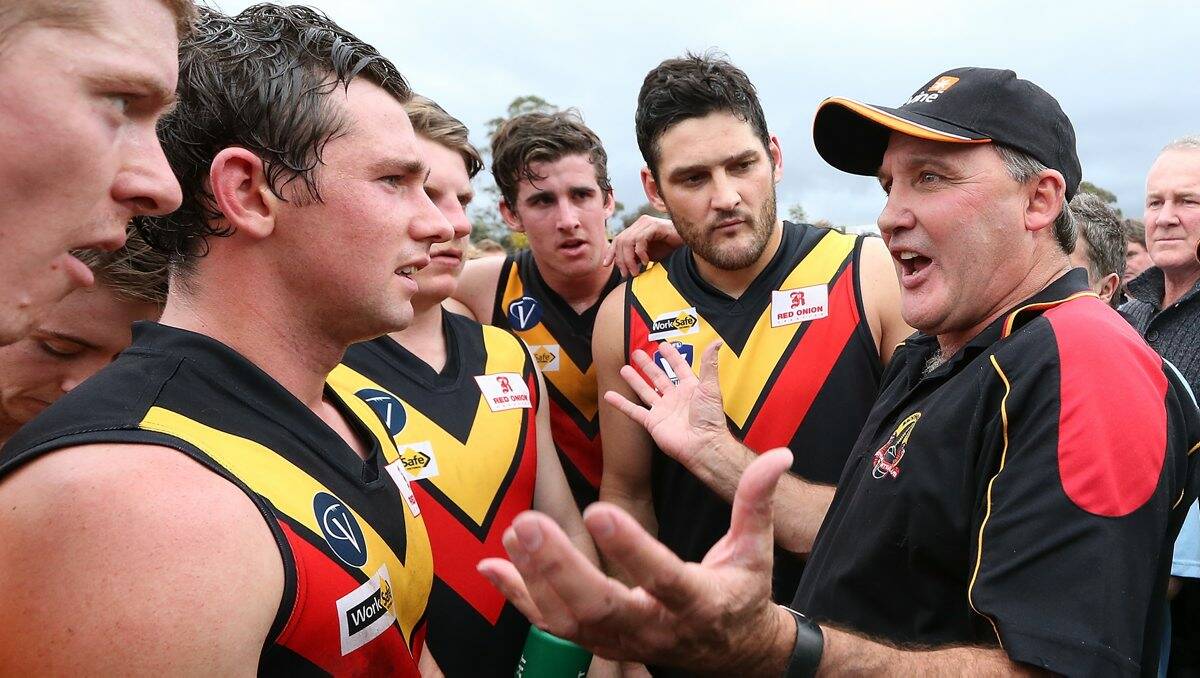 Doug Hawkins addresses Brendan Fevola and other Bacchus Marsh players in round six. PICTURE: GETTY IMAGES