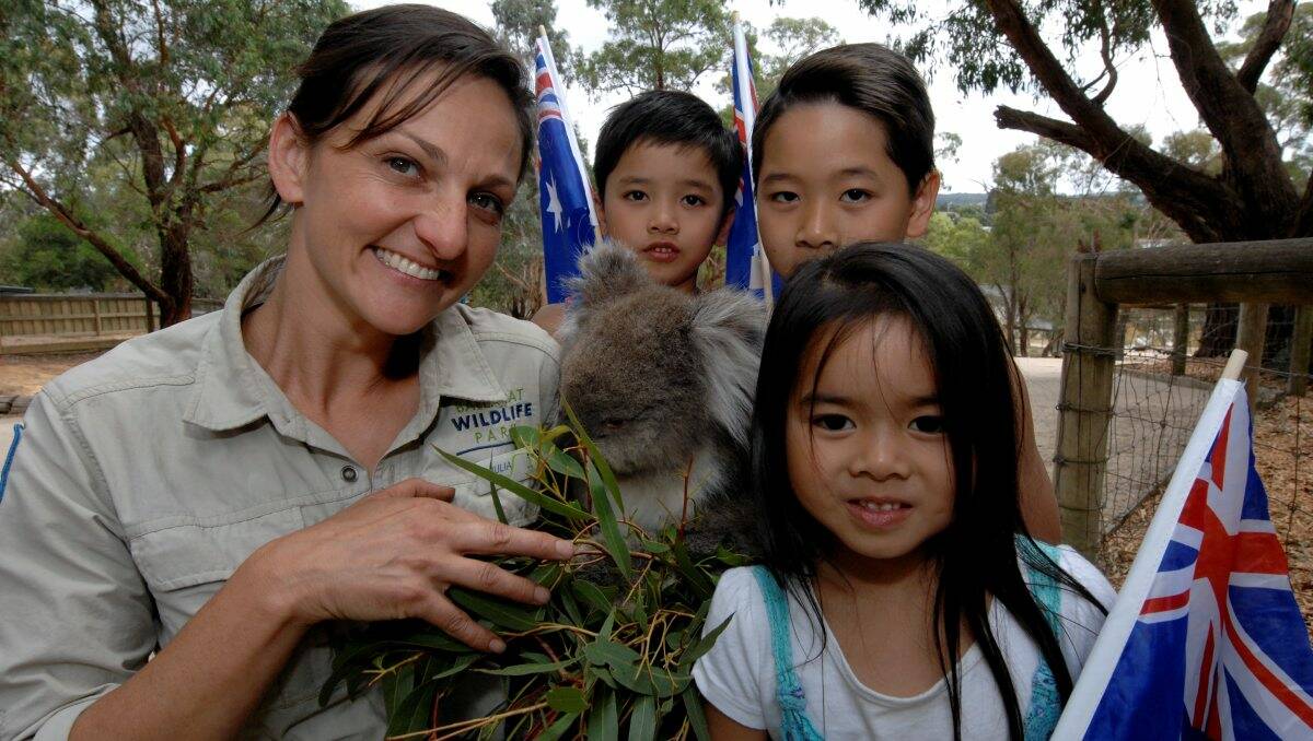 Huy, 10, Hoang, 7, and Mai, 4, Vu with Ballarat Wildlife Park curator Julia Leonard and Minky the Koala.