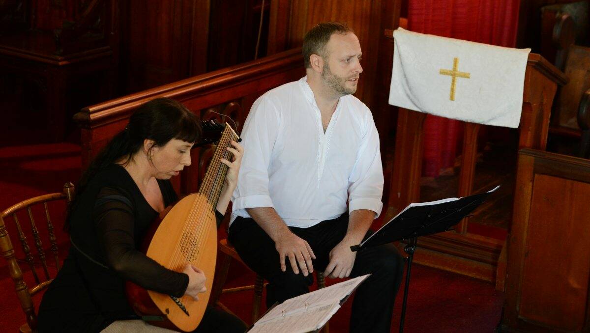 Tenor Justin Burwood and Rosemary Hodgson on the lute perform Sweet Stay Awhile – Downland’s Melancholic Ayres at St Pauls Anglican Church at Clunes yesterday. Picture: Kate Healy