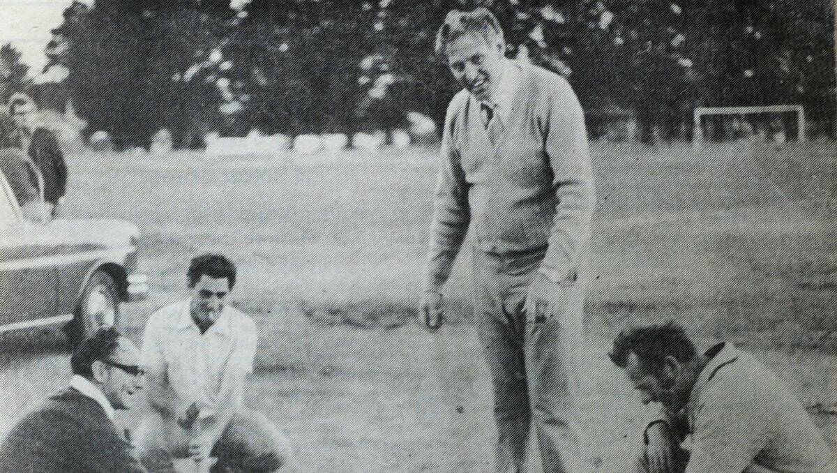 START: Ballarat Soccer Club committee members Jim Oliver, left, Dave Romein, John Spee and Joe Stoffels peg out the site for the Trekardo Park clubrooms in 1978.
