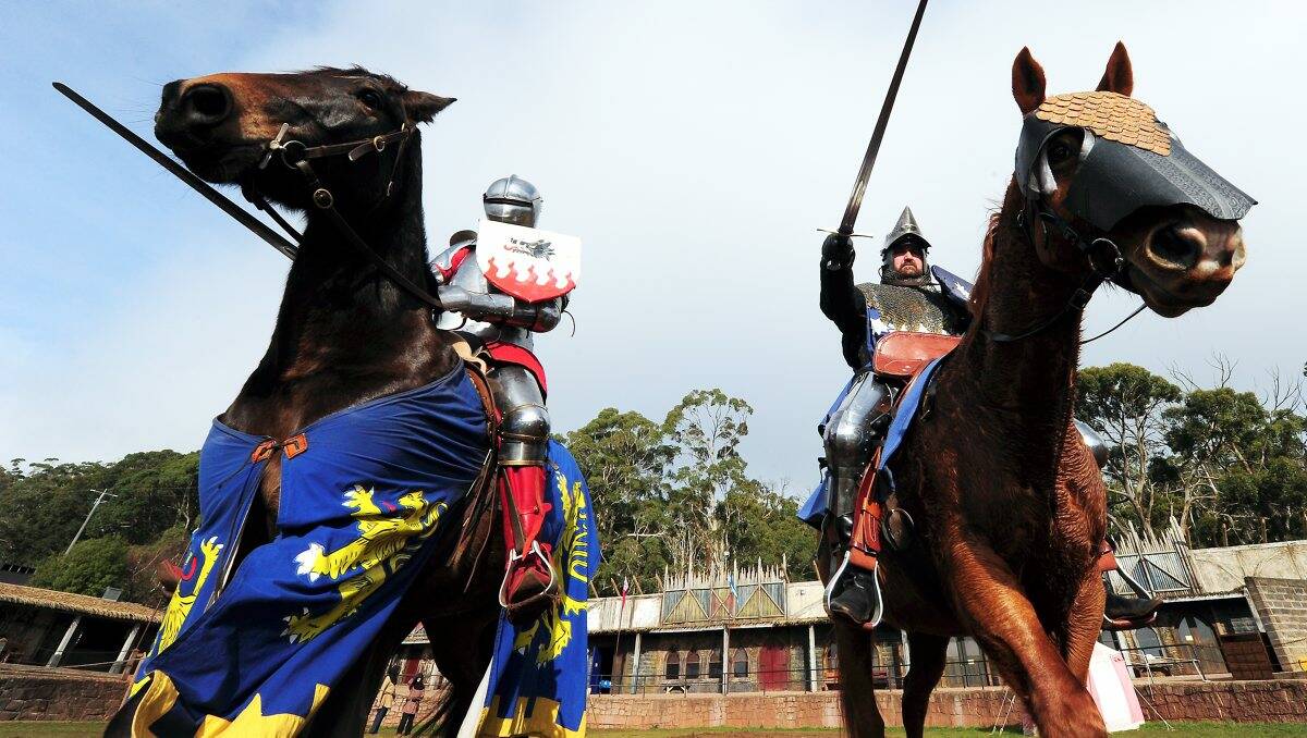 CHARGE!: Ballarat knights Justin Holland and Wayne Rigg, from Kryal Castle, will compete at the Abbey Medieval Festival next month. PICTURE: JEREMY BANNISTER