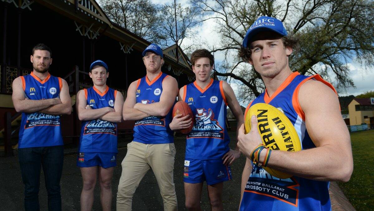 HERE WE COME: Coach Mick Murray, left, with assistant coach Andrew Day, vice-captain Mick Williams, vice-captain Hugh Herben and captain Lincoln Barnes are heading to the Gold Coast to compete in the football section of the Australian University Games. PICTURE: ADAM TRAFFORD
