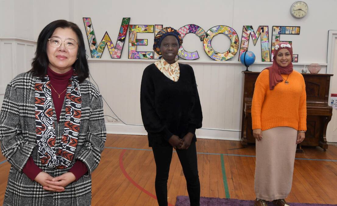BRMC team Heeyoung Lim, Nyibol Deng and Abrar Dham welcome new Ballarat residents. Picture by Lachlan Bence 