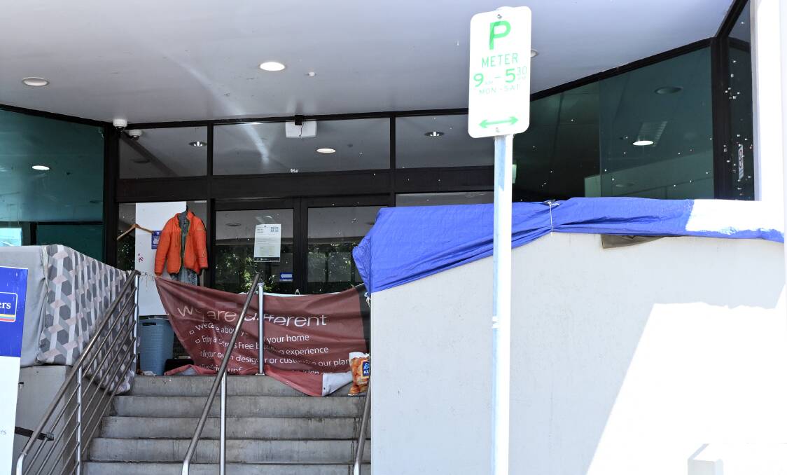 Camp set up outside the former Centrelink building in Ballarat's CBD. Picture by Kate Healy