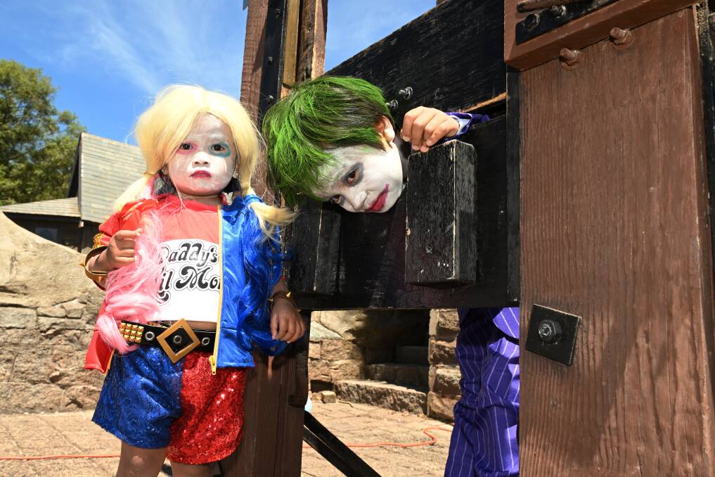 Do not mess with this little sister. Astrid Catallo, 2, and Aaron Catallo, 7, from Craigieburn at the Kryal Castle Halloween event. Picture by Kate Healy