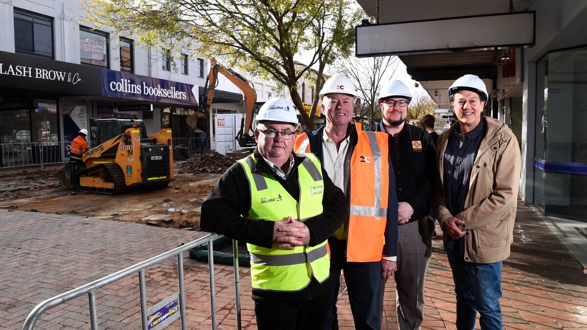 City of Ballarat Mayor Cr Des Hudson, 2Construct Managing Director Duncan McPherson, Wadawurrung Traditional Owners Aboriginal Corporation Interim CEO Liam Murphy and Bridge Mall Business Association Vice President Shane Donnithorne. Picture by Adam Trafford