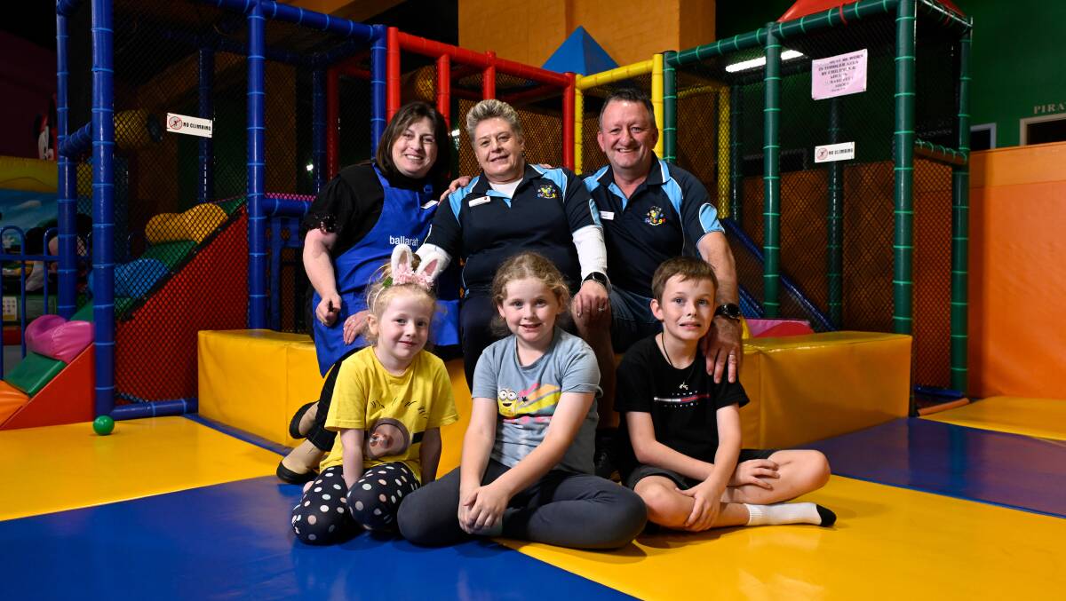 Ballarat Autism Network's Laurel Petch with Funbugs' Julie and Jamie Wilson and kids Skylah, Kayleigh and Lucas.