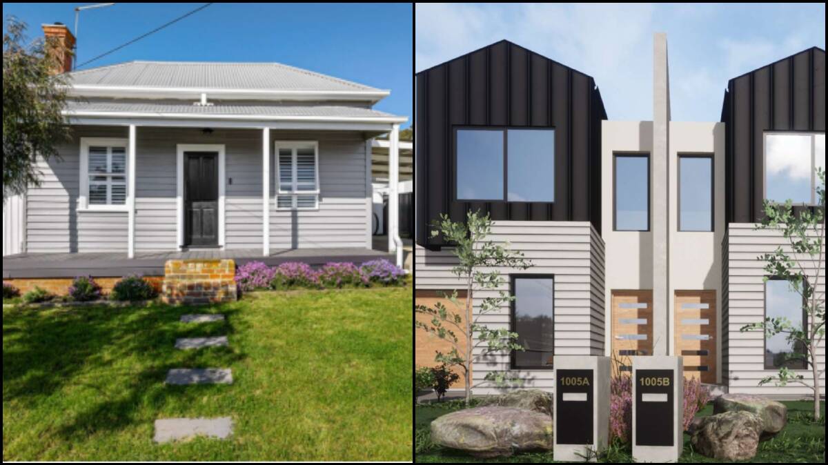 A photo of the current weatherboard cottage on 1005A Gregory Street, left, and a picture of the proposed dwellings for the site on the right.