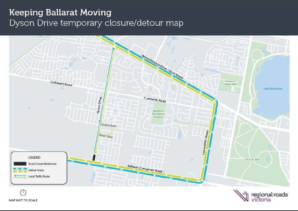 A temporary detour map for the Dyson Drive Ballarat-Carngham Road closure. Picture from Regional Roads Victoria