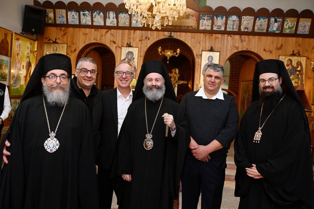 Bishop Kyriakos of the District of Melbourne, Andrew Grinos, Andreas Litras, Archbishop of Australia Makarios Griniezakis, John Soufis and Bishop Evmenios of the District of Northcote (this includes Ballarat). Picture by Kate Healy