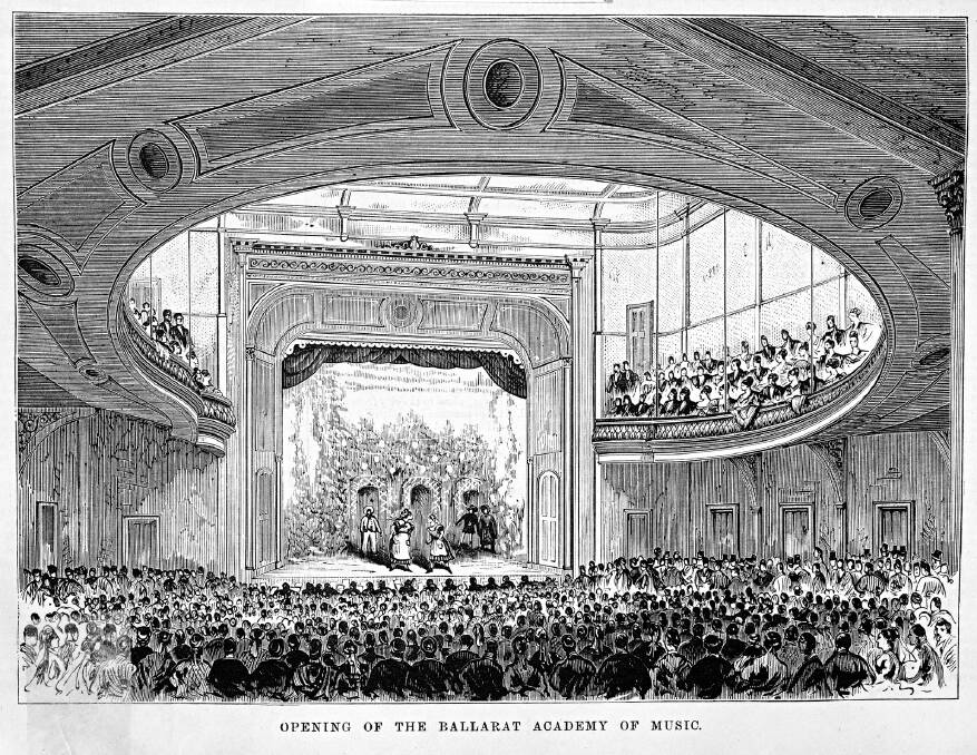 About a third of this engraving, depicting the opening of the Ballarat Academy of Music, now Her Majesty's Theatre, will be recreated as a perforated metal cladding artwork on the northern wall of the building. Picture: State Library of Victoria