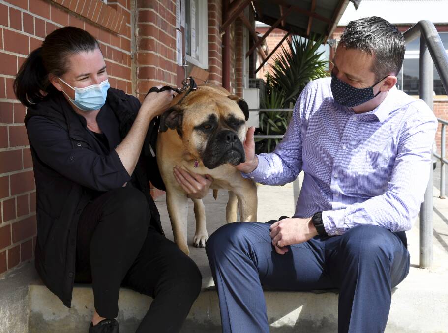 NEEDED: Ballarat mayor Daniel Moloney and Natasha Cook from the Ballarat Animal Shelter with Abby. Picture: Lachlan Bence