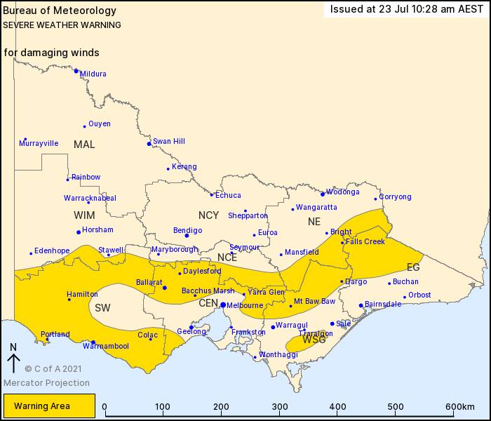 The affected area of the severe weather warning for Saturday. Picture: Bureau of Meteorology