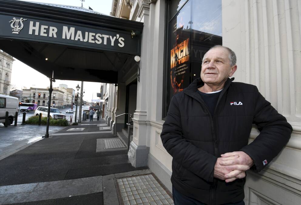 PAUSE: Ballarat Lyric Theatre president Michael Whitehead outside a closed Her Majesty's Theatre. Picture: Lachlan Bence
