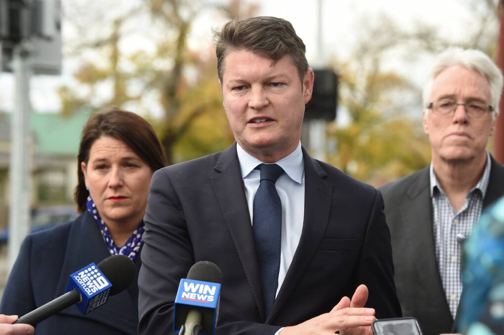 Minister for Public Transport Ben Carroll with Member for Wendouree Juliana Addison and V/Line acting CEO Gary Liddle in Ballarat on Monday. Picture: Kate Healy