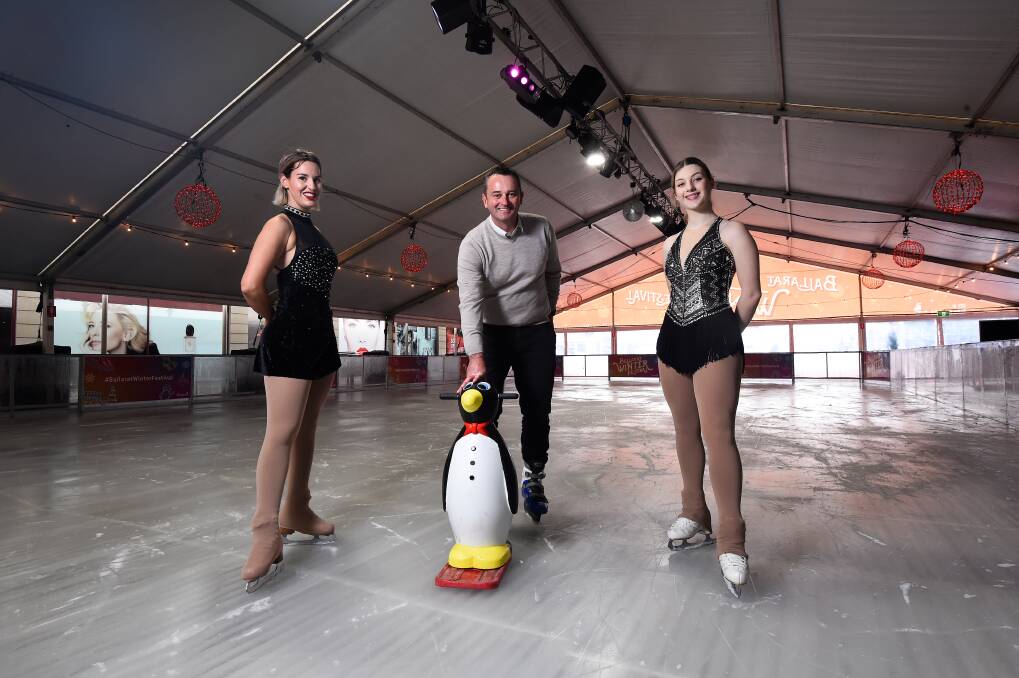 GET YOUR SKATES ON: City of Ballarat Mayor Daniel Moloney on the CBD rink with figure skaters Amy Brunda and Lucette Horsfield. Picture: Adam Trafford
