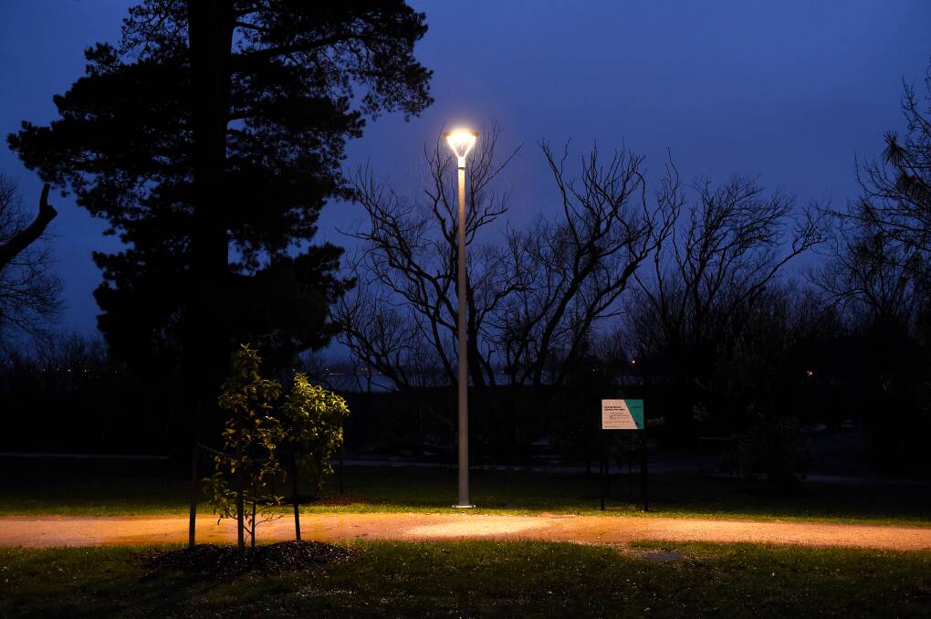 One of the lights along the Steve Moneghetti Track during a council trial earlier this year. Picture: Adam Trafford