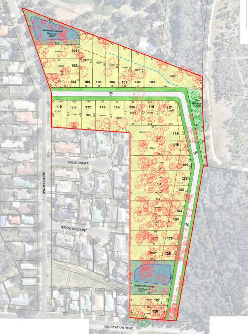 Proposed plans for the 28-lot subdivision, with native trees to be removed marked in red.