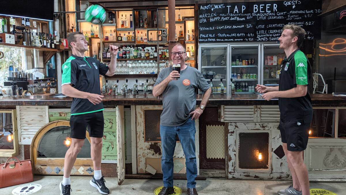 HEADS UP: Ballarat Beer Festival director Ric Dexter and Western United players Alex Baker and Aaron Calver.