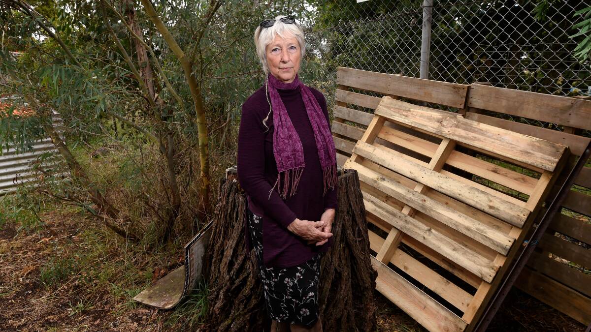 DISAPPOINTED: Ballarat Community Garden president Sheilagh Kentish in front of the section of fence which was cut open multiple times before the trailer was stolen. Picture: Adam Trafford