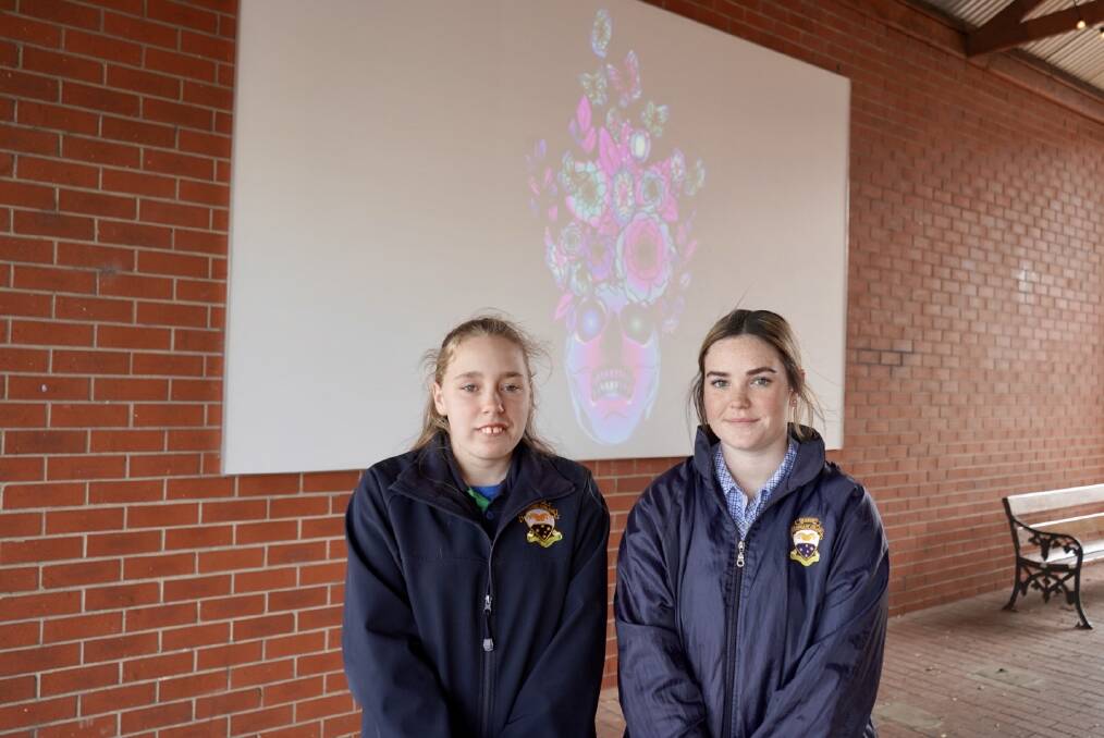 Beaufort Secondary College students Olivia Allan and Kayla Talbett at the Pyrenees Projector where their work is being displayed.