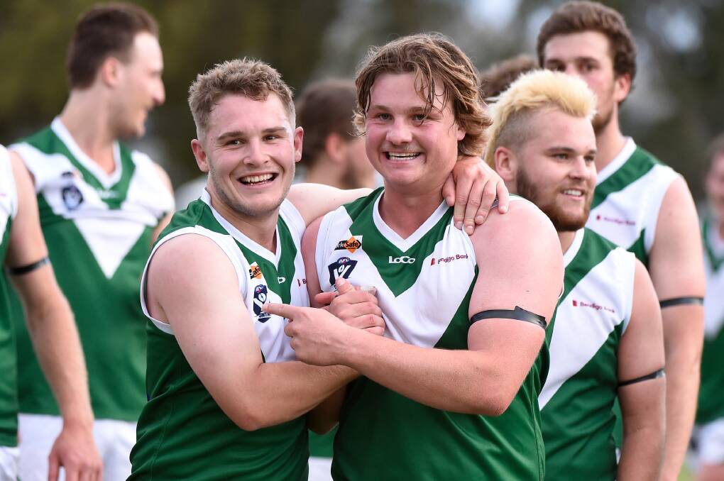 ALL SMILES: Ben Harris and Matthew Aikman celebrate Rokewood-Corindhap's Central Highlands Football League round one win over Learmonth. Picture: Adam Trafford