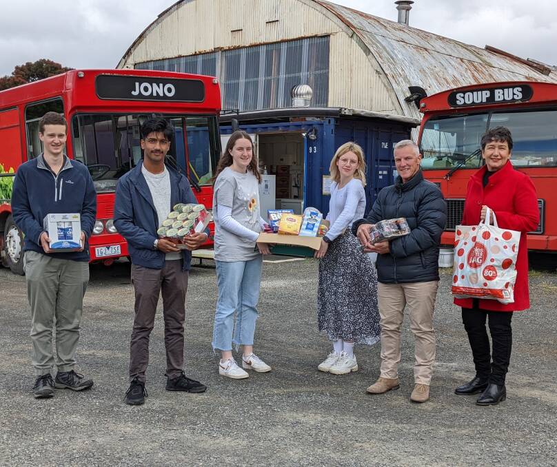 GIVING: Buninyong Youth Council members Matthew Flind, Amit Aalok, Piper McPhan and Bethany Somers with On-Track Foundation director Craig Schepis and Member for Buninyong Michaela Settle.