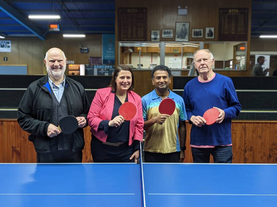 CHARGED: BREAZE committee member Peter Reid, Member for Wendouree Juliana Addison and Ballarat Table Tennis Association members Pradeep Chandak and Brian Sharry. Pictures: Jackson Russell