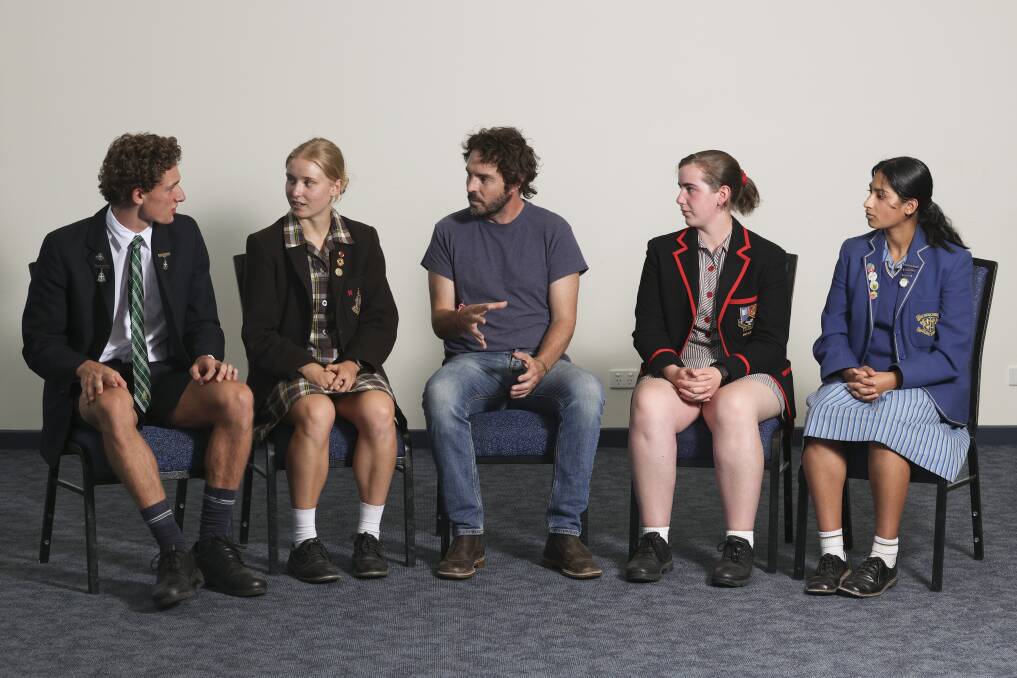FUTURE: Damon Gameau talking to students James Clark, Sophie Adamson, Lilian Wade and Annmary Chalakkal. Picture: Luke Hemer