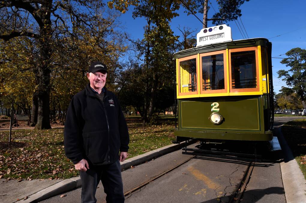 TRACKING: Ballarat Tramway Museum founding member Richard Gilbert with a section of the track to be replaced and a restored Geelong tram recently donated to the museum. Picture: Adam Trafford
