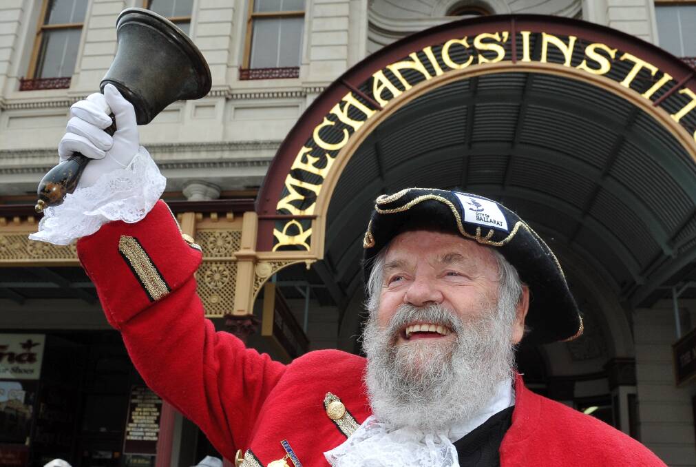 HEAR YE: Brian Whykes performing his town crier duties at the opening of the Ballaarat Mechanics' Institute in 2013. Picture: Lachlan Bence
