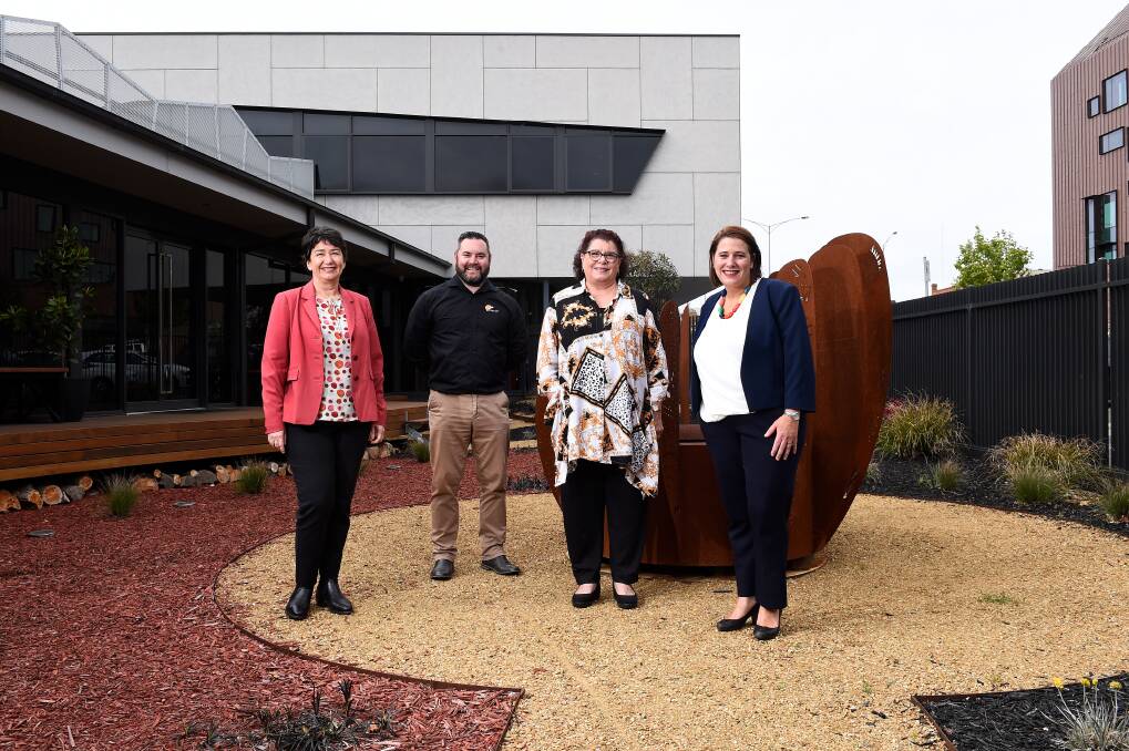 SHARING: BADAC COO Jon Kanoa and CEO Karen Heap (centre) with Member for Buninyong Michaela Settle and Member for Wendouree Juliana Addison. Picture: Adam Trafford