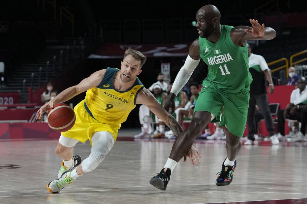 Nathan Sobey in his Boomers debut against Nigeria. Picture: AP/Eric Gay