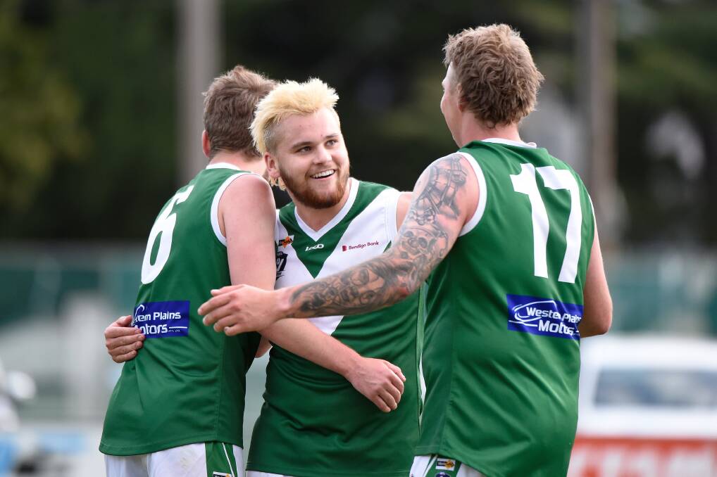 Rokewood-Corindhap players celebrate a goal against Learmonth in round one. Picture: Adam Trafford