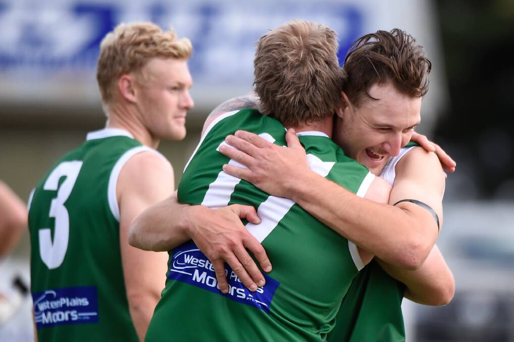 Rokewood-Corindhap players celebrate its round one win over Learmonth. Picture: Adam Trafford