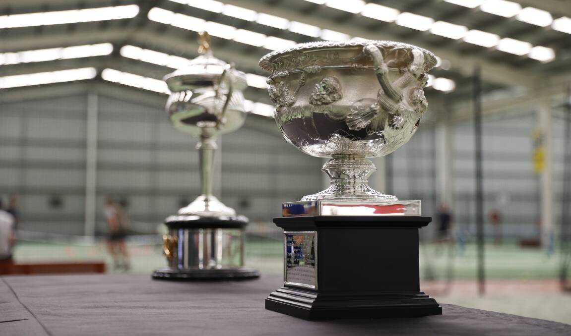The Australian Open trophies were looking their shiny best at Tennis Ballarat on Wednesday. Picture: Luke Hemer