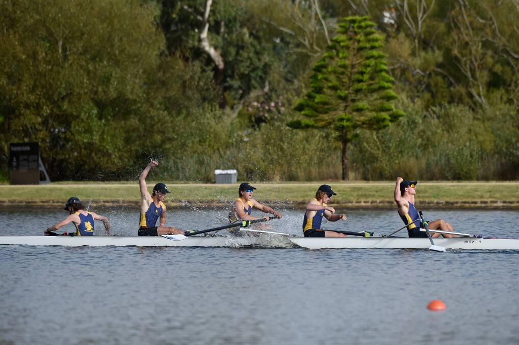 Ballarat Grammar cross the line as boys' Head of the Lake champions. Picture: Adam Trafford