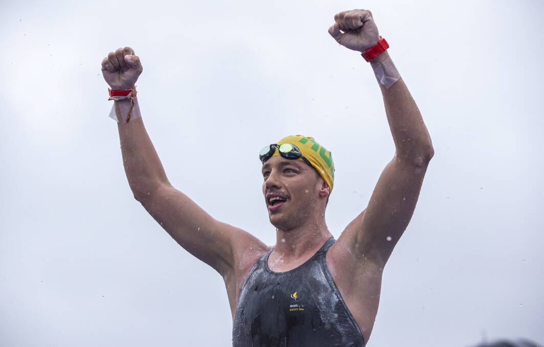 PUMPED: Kai Edwards after he competed in the men's 25km open water swim at the 2019 FINA World Championships. Picture: EPA/Patrick B. Kraemer