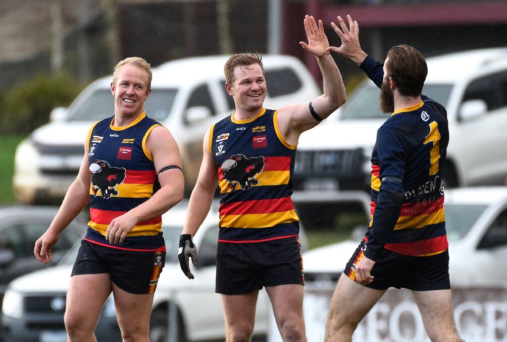 Beaufort players celebrate a goal in its elimination final win over Springbank in 2019. Picture: Adam Trafford