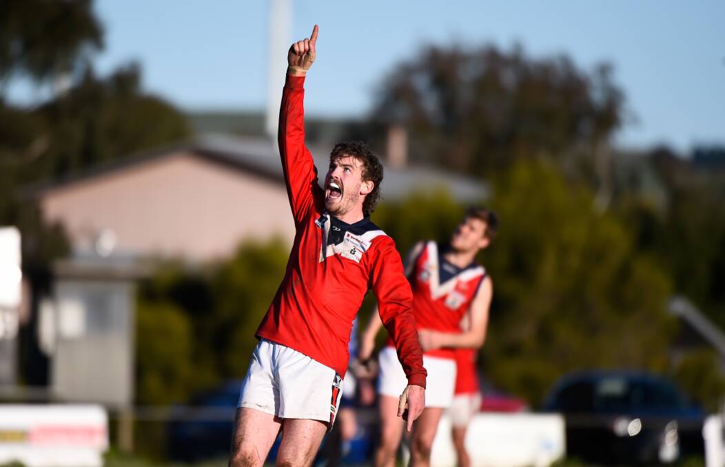 Skipton's Liam Cullinan celebrates a goal in the Emus' win over Waubra. Picture: Adam Trafford