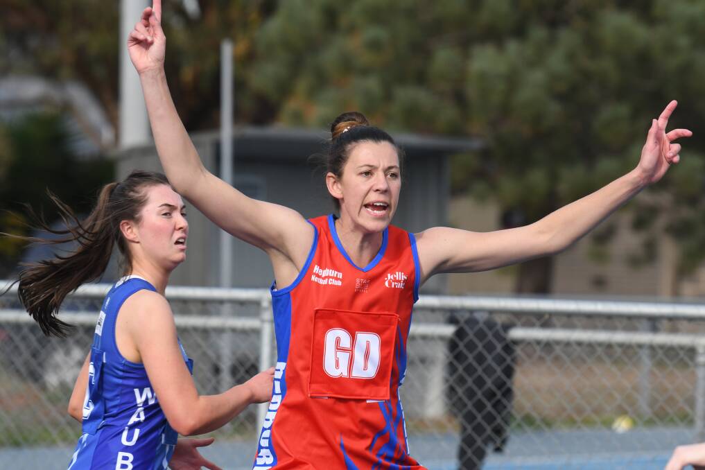 Hepburn's Fiona Fowler defends against Waubra. Picture: Kate Healy
